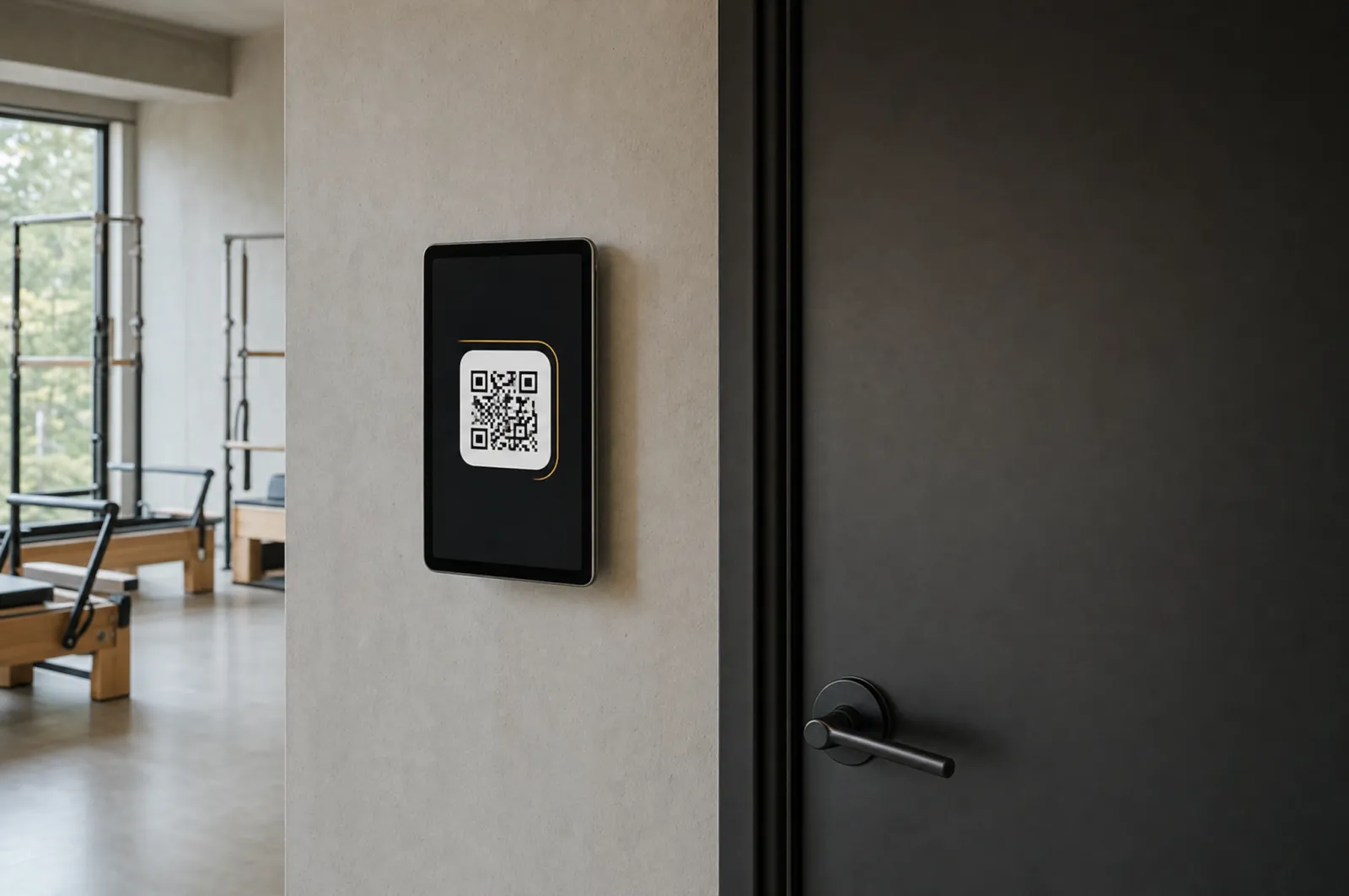 Ein Wandtablet neben einer Studiotür zeigt den Check-in-Code